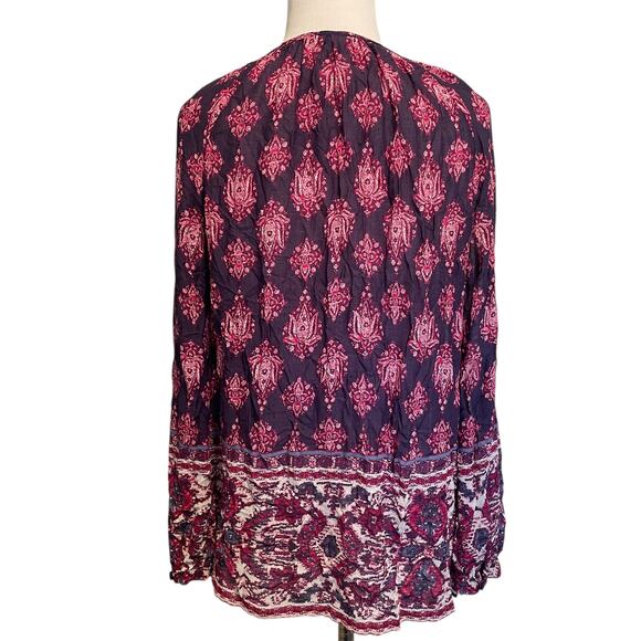 Lucky Brand Border Top Womens Small Purple Pink Paisley Boho Tie-Neck Blouse - Picture 5 of 10